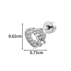 Exquisite silver heart stud earring with bow and cubic zirconia, measuring 0.62cm by 0.73cm