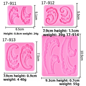 Detail of four pink wave pattern silicone molds with precise dimensions for cake decorating