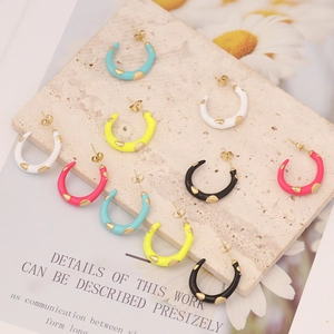 C-Shaped Hoop Earrings Stainless Steel Enamel Drip Oil Polka Dot Retro Fashion INS Style Jewelry For Women