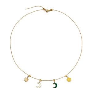 Detailed view of gold stainless steel necklace featuring sun moon and flower charms