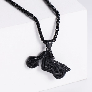 Hip hop black motorcycle pendant necklace in vacuum plated stainless steel for men