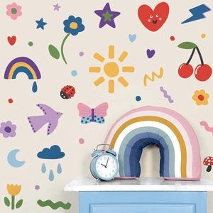 Rainbow and fruit cartoon wall decals set for kids room decoration in vibrant colors