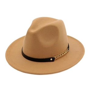 Classic wide brim felt fedora hat in camel with black band and gold chain accent