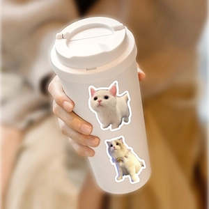 Realistic white cat stickers applied to a white tumbler held by a hand in soft light