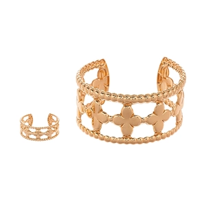 Two-piece gold hollow flower open bangle and ring set with intricate bead edging