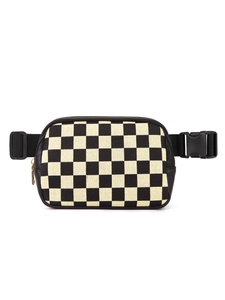 Detail of checkered nylon waist bag showing texture and durable plastic buckle