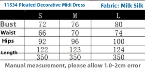 Detailed size chart for ruched midi dress showing S, M, L measurements in centimeters