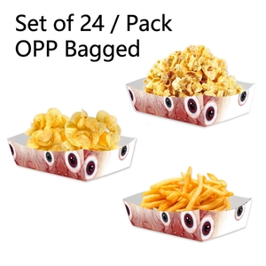 Macro view of Halloween eyeball theme paper trays set for party snacks and appetizers