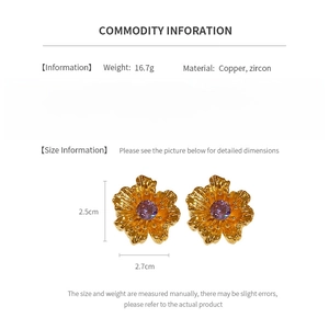Detail specifications for vintage golden flower earrings with zircon, 16.7g copper base