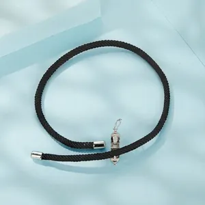 Minimalist S925 sterling silver black woven cord bracelet with mechanical metal clasp