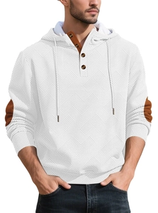 Detailed shot of men hoodie with contrast brown collar and textured jacquard fabric
