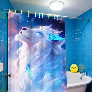 Detailed blue neon white lion shower curtain with starry night pattern and silver rings