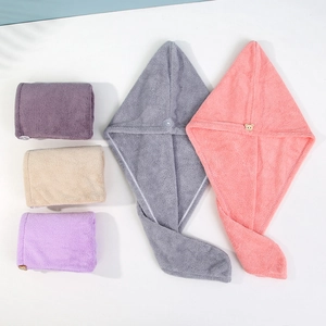 Thick coral fleece hair drying towels in five colors with cute bear button details