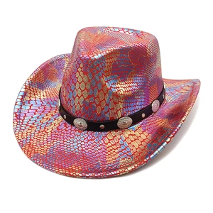 Rainbow snakeskin pattern western cowboy hat with studded black leather band and silver discs