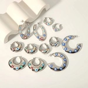 Silver stainless steel evil eye hoop earrings set with colorful enamel charms in various shapes