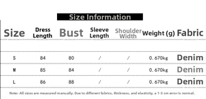 Size chart table for sleeveless denim dress with length, bust and fabric details info