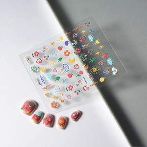 5D embossed children's nail stickers featuring colorful cute icons and flowers