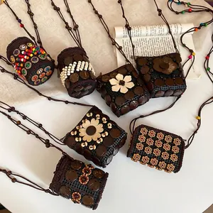 Ethnic crochet crossbody bags with coconut shell flowers and wooden beads decoration