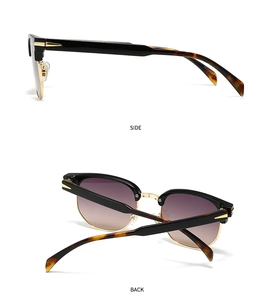 Detail view of semi-rimless sunglasses with tortoiseshell temples and metal hinges