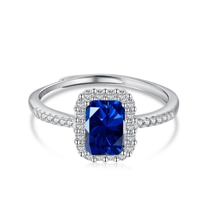 Elegant S925 sterling silver open ring featuring a rectangular deep blue zircon gemstone