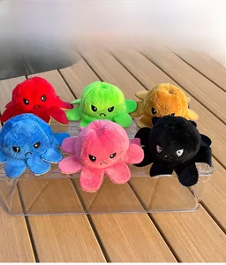Close-up of colorful plush octopus charms in six vibrant colors on a clear display stand