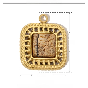 Detailed parameter view of square natural stone pendant with dimensions and gold frame