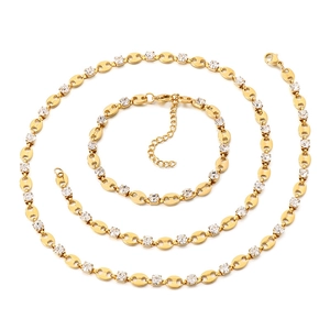 Elegant gold-plated stainless steel coffee bean link jewelry set with sparkling zircon gems