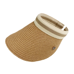 Straw open-top sun hat with striped ribbon and M-letter metal buckle for summer