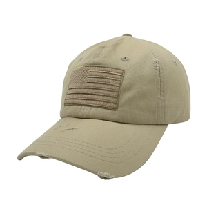 Detail view of khaki distressed baseball cap featuring a vintage American flag patch