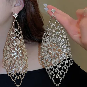 Oversized Geometric Hollow Tassel Dangle Earrings Rhinestones 925 Sterling Silver Earring Post Copper Luxury Women