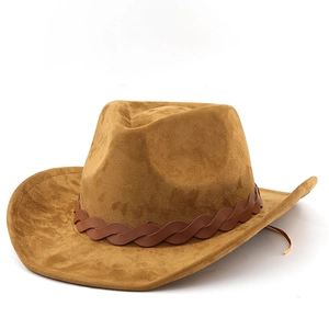 Chapeau de cowboy western marron en faux daim avec un bandeau en cuir tressé décoratif