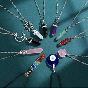 Natural crystal and stone hexagonal pillar pendant necklace set with silver chain and cord