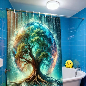 Artistic shower curtain with Tree of Life in blue water droplet design for modern bathrooms