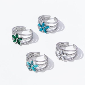 Adjustable floral cutout rings in 304 stainless steel with colorful stone inlays