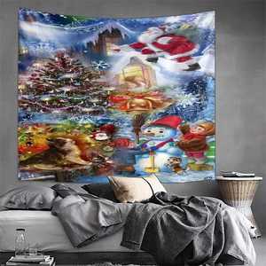 Detail view of a Christmas tapestry with Santa Claus and snowman in a cozy bedroom