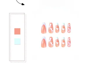 Détail de faux ongles longs avec pointes françaises bleu-rose et motifs de nuages
