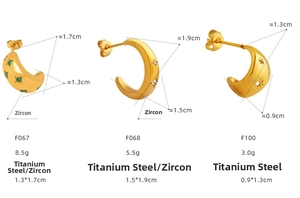 Size specifications of gold C-shaped titanium steel earrings with cubic zirconia stones