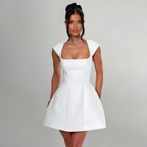 Detail of white square neck mini dress with structured A-line silhouette and cap sleeves