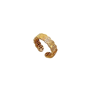 Golden open ring with ancient coin and Fu character design inlaid with white stones