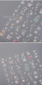 Macro shot of iridescent aurora snowflake nail stickers with ultra-thin adhesive backing