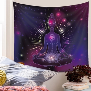 Detailed view of meditation tapestry with chakra glow, crystals and lotus in cozy room