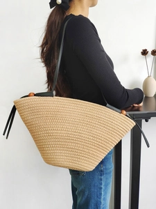 Woven Cotton Rope Tote Bag Large Capacity Fan Shaped Handbag With Wooden Beads Shoulder Bag For Women Beach Vacation