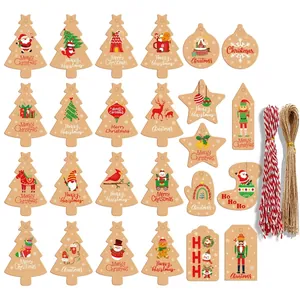 100pcs Christmas kraft paper gift tags set with festive patterns and hanging strings