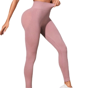 Legging de yoga sans couture rose poudré à taille haute avec côtes latérales texturées