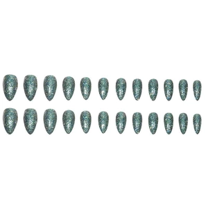 Lot de 24 faux ongles pailletés bleu-vert de forme amande avec effet scintillant laser brillant