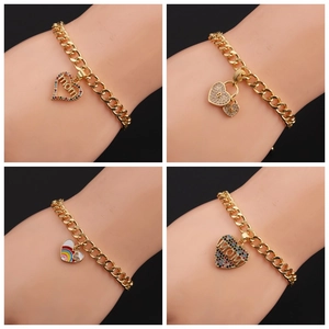 Heart Pendant Bracelet Copper Gold Plated Colorful Zircon MOM Letter Adjustable Curb Chain Mother Day Gift For Women