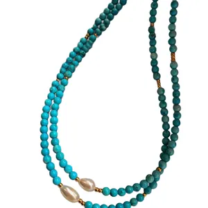 18K gold plated freshwater pearl and turquoise beaded necklace in U-shaped layout