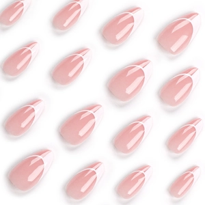 Faux ongles amande French en rose nude et blanc avec finition brillante