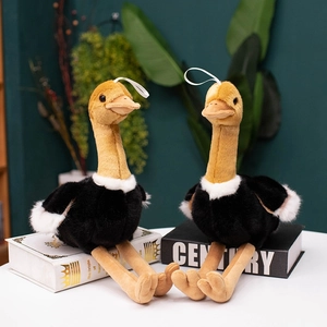 Pair of small plush ostrich toys with hanging ropes on a cozy indoor background