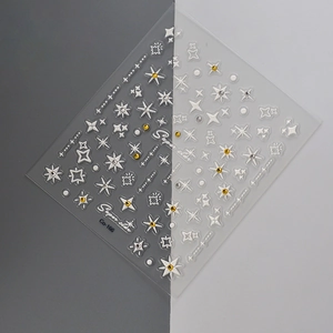 Macro shot of 3D silver star nail stickers with sparkling rhinestones on model Co-166